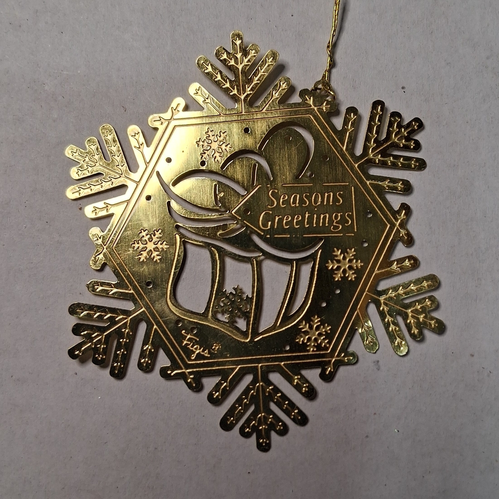 Vintage Figi's Brass Snowflake Seasons Greetings Christmas Ornament